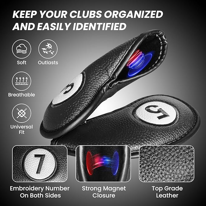 FINGER TEN Magnetic Golf Iron Headcovers Value 11 Pack, Durable PU Leather with Embroidered Numbers for Easy Identification, Multiple Colors Available Fits Most Iron Clubs