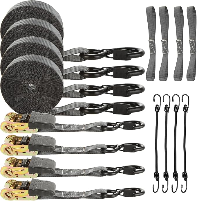 4 Pcs 1 Inch Ratchet Straps Heavy Duty 20ft Tie Down Straps Ratchet with Hooks, 2645 LBS Break Strength, Blue Cargo Ratcheting Straps for Motorcycle Straps Tie Downs, Trucks, Dark Grey