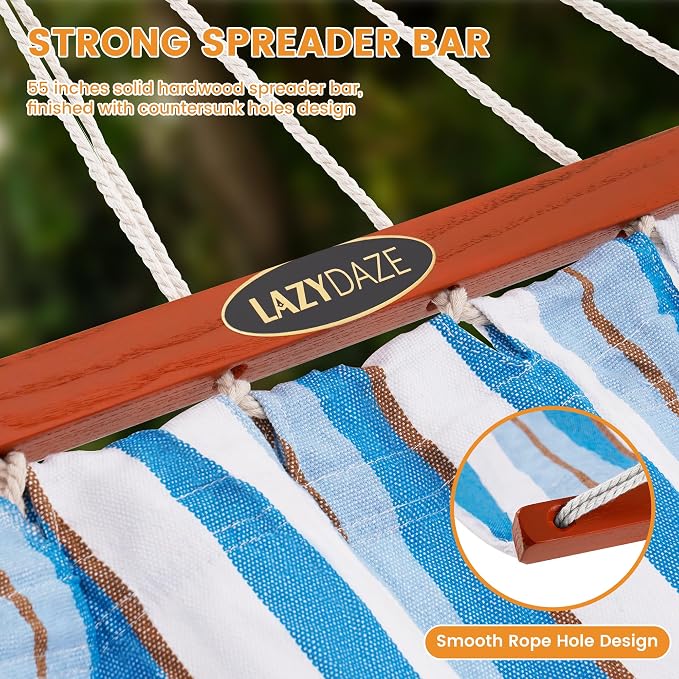 Lazy Daze Hammocks Cotton Fabric Double Hammock with 55" Spreader Bar, Portable Camping Hammock with Carrying Bag & Tree Straps for Patio, Backyard, Balcony, 450lbs Capacity, Blue & White