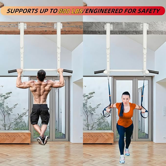 Joist Mounted Pull Up Bar, 800 lbs Heavy Duty Wall Mounted Chin Up Bar, Adjustable Height Pullup Bar for Garage, Basement, Backyard, Beam and Rafter Mount, Easy Installation, Ideal for Multiple Grip Options