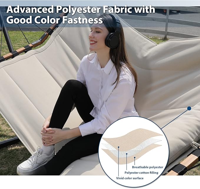 TegerDeger 12FT 2 Person Hammock with V Shaped Hardwood Spreader Bar & Nylon Rope for Outside, Patio, Garden, Backyard, Beach, Poolside, 450LB Capacity, 55in x 79in - Beige