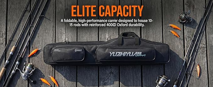 Fishing Rod Bag, 4000D Oxford Waterproof Fishing Rod & Reel Organizer Bag, Roll-Up Foldable Travel Carry Case Holds 6-15 Rods & Tackle, Heavy Duty Fishing Bag for Men