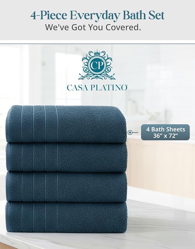Casa Platino Bath Sheet Set, 4 Pack (36"x 72"), Hotel Towels, 100% Ring Spun Cotton Bath Sheets, Absorbent Towels, Quick Dry, Soft Towel - Steel Blue