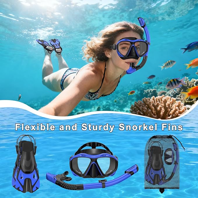 Snorkeling Gear for Adults, Mask Fin Snorkel Set, Dry Top Snorkel Mask, Panoramic View Anti-Leak Anti-Fog 3 in 1 Snorkeling Kit Travel Diving Package with Storage Bag
