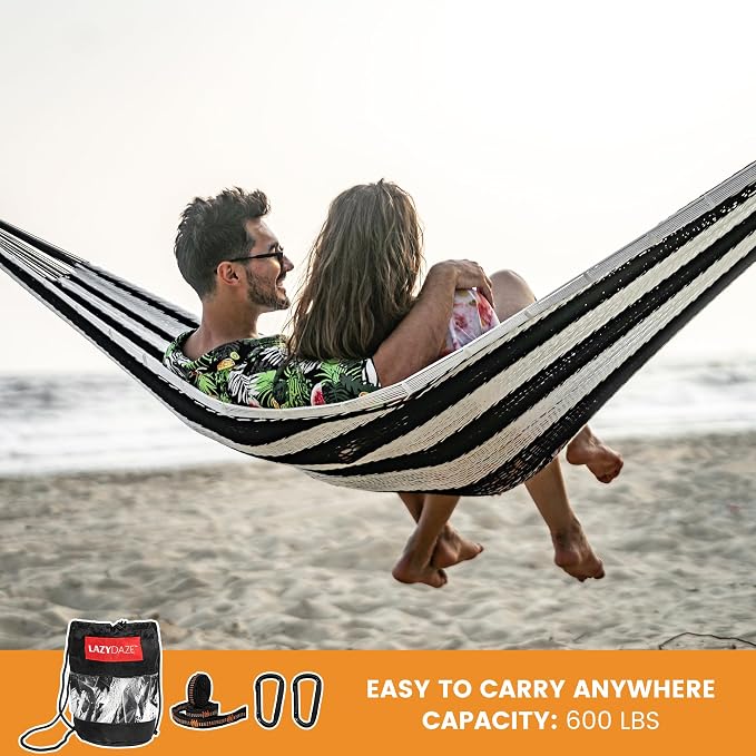 Lazy Daze Hammocks Handwoven XL Mayan Hammock, 10.5 FT Soft Rope Double Hammocks, Portable Outdoor Hammock with Carry Bag, 2 Straps & Carabiners for Patio Outside, 550 lbs Weight Capacity, Black/White