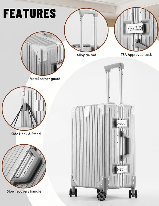 20 Inch Carry On Suitcase with TSA Lock, Zipperless Aluminum Frame Luggage, Lightweight Hardshell Rolling Suitcase with Wheels for Business Travel, Silver