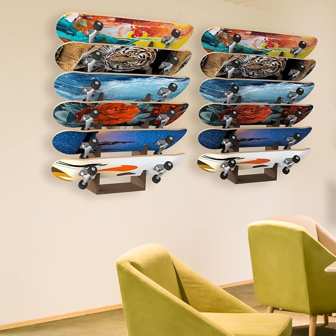 Skateboard Rack Wall Mount 6-Tier Wooden Skateboard Storage Rack Holder Skateboard Stand Display Organizer Skateboard Hanger for Longboard, Deck, Standard Skateboards