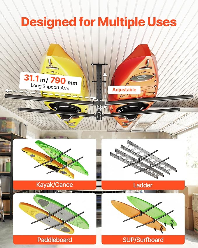 VEVOR Kayak Storage Rack, Heavy Duty Adjustable Freestanding Stand with Lockable Wheels for Indoor Outdoor Garage Shed Dock, Holder for Canoe, SUP, Surfboard & Paddleboard