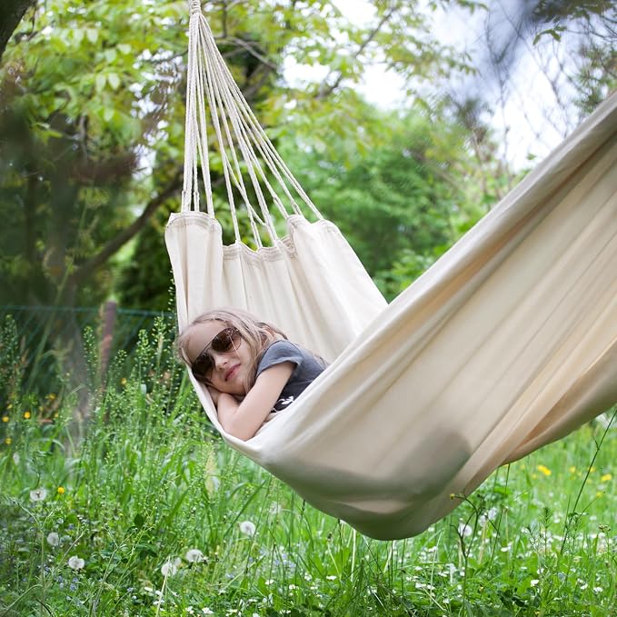 ANYOO Cotton Hammock Portable Camping Hammocks for Hanging Sturdy Garden Comfortable Fabric Hammock with Tree Straps Up to 660lbs with Travel Bag for Camping Outdoor/Indoor Patio Backyard