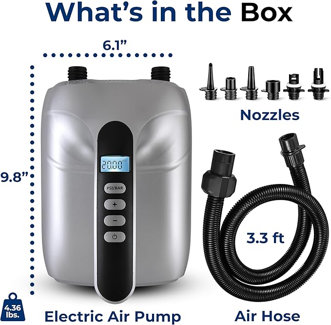 Paddle Board Pump Electric - Portable 20 PSI Dual-Stage Air Compressor for Super Fast Inflation and Deflation, Auto-Off, LCD Display and 12V Car Connector - for SUP, Boats & Inflatables