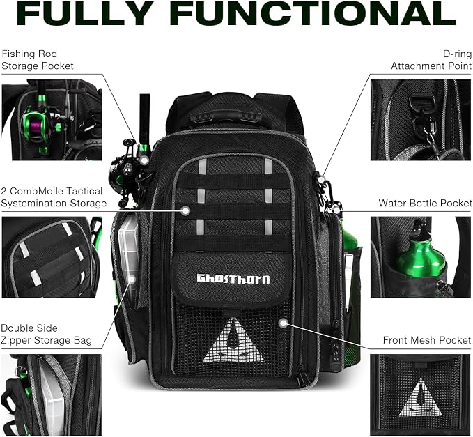 Ghosthorn Fishing Backpack 2 * 3700 Tackle Boxes 40L Waterproof Tackle Backpack with Rod Holders Large Outdoor Storage Tackle Bag for Fishing Men Women