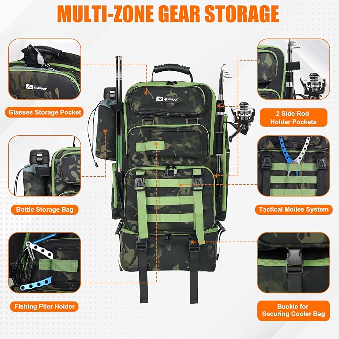 AYAMAYA Fishing Backpack with Cooler, 45L Tackle Backpack with Rod Holders & Insulated Lunch Bag, Large Outdoor Fishing Bag for 4 Tackle Boxes & Gears