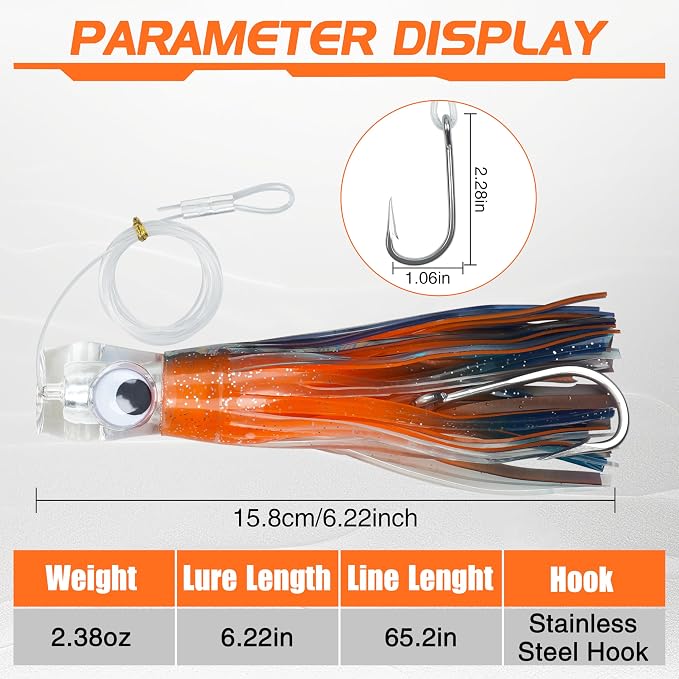 Trolling Lures Saltwater for Tuna Mahi Marlin Wahoo Dolphin Shark Offshore Trolling Baits with Squid Skirt Big Game Fishing Lures Deep Sea Squid Skirts Rig 6/9 inch