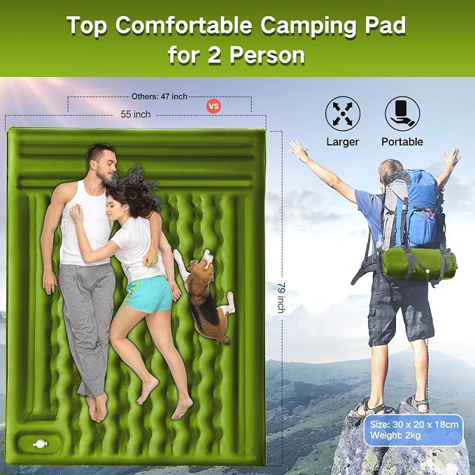 FNARMW Double Sleeping Pad Camping, Self Inflating 6'' Extra-Thick 2 Person Pillow Built-in Foot Pump Waterproof Inflatable Sleeping Mat Backpacking, Tent, Hiking, Portable Camping Pad (Yellow Grey)