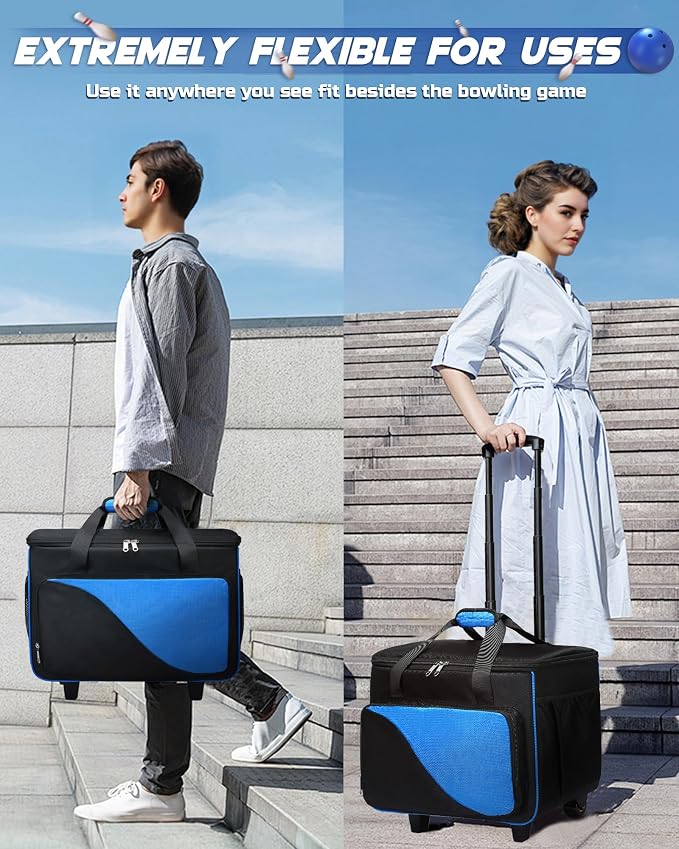 Convertible Bowling Bag with Wheels - Roller Bag for 1 or 2 Balls - EVA Foam Ball Cup - Rolling Tote for Bowling Accessories - Gifts for Youth & Adults