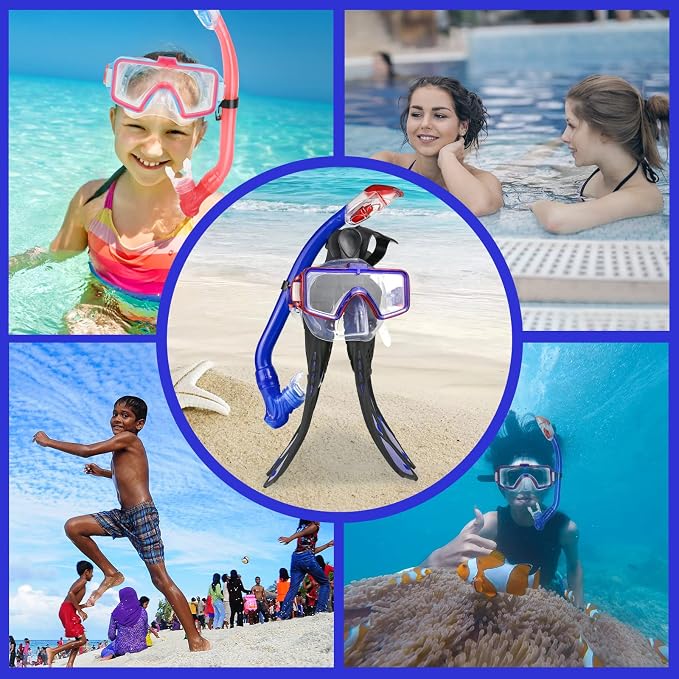 Kids Snorkeling Set - Adjustable Flippers + Panoramic Snorkel Mask + Dry Snorkel Tube + Travel Bags - Suitable for Kids & Juniors, Age 5-14