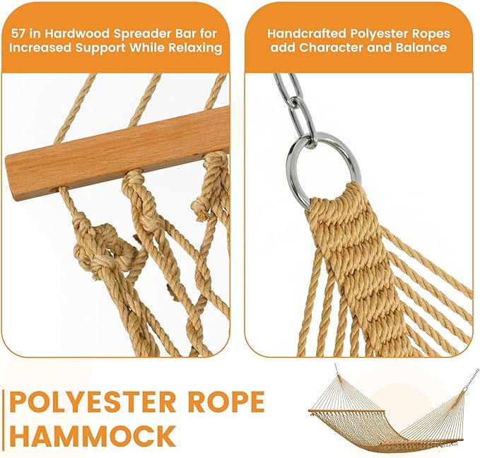 Lazy Daze Hammocks 13-FT Polyester Rope Hammock, Double 2 Person Traditional Hand Woven Outdoor Hammock with Spreader Bar, Carabiners, Tree Straps, Chains for Outside Patio- Max 450 Lbs, Tan