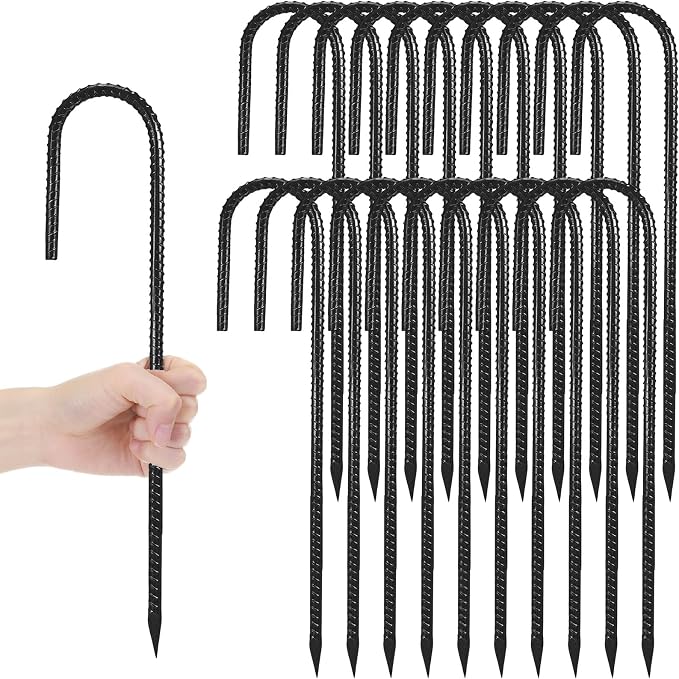 Gisafai 20 Pcs 16 Inch J Hook Rebar Stakes, Garden Ground Stakes Heavy Duty Tent Stake Ground Anchors Steel Plant Support Stake Long Straight Metal Spikes with Chisel Point End for Concrete Timber