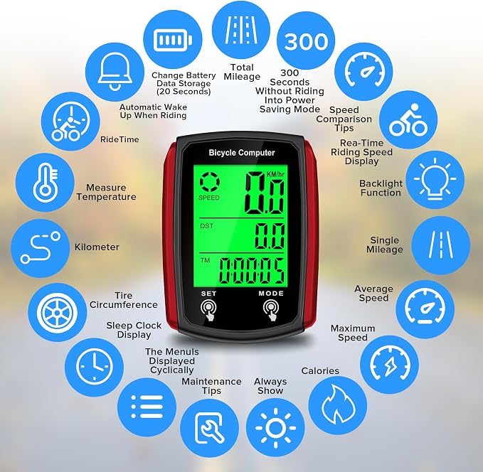 Bike Computer and Bicycle Odometer Wired MPH KM/H Bike Speedometer with Automatic Wake-Up Cycling Speed Tracker LCD Display & Single Mileage & Multi-Functions Accessories