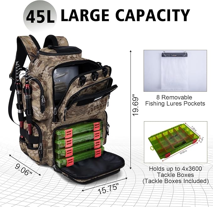 Goture Fishing Backpack with 4 Tackle Boxes,900D Water-Resistant Tackle Backpack with Rod Holders,SBS Zippers,45L Large Tackle Storage Gear Bag with Rain Cover,Bottle Holder for Travel Camping Hiking