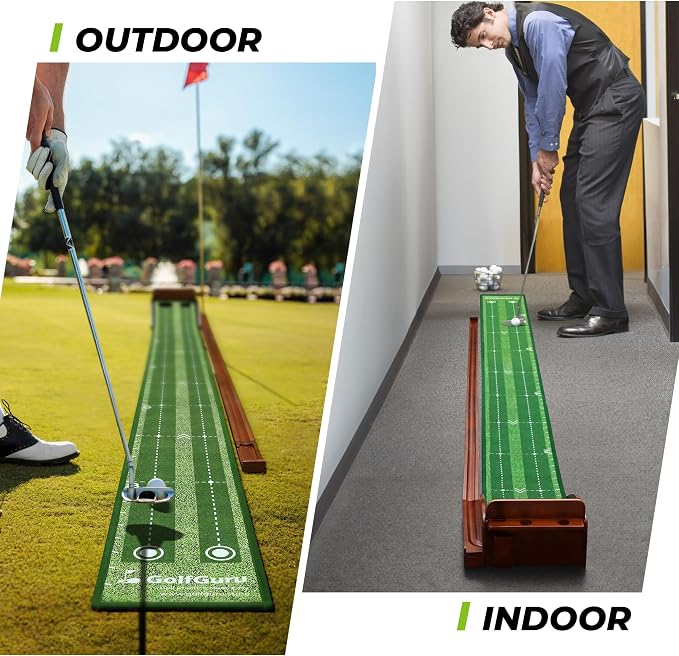 Golfguru Putting Green, 9.8ft Golf Putting Mat with Automatic Ball Return Track & Putting Mirror, Indoor Putting Greens for Home with Thickened Wrinkle-Free Crystal Velvet, Golf Accessories for Men