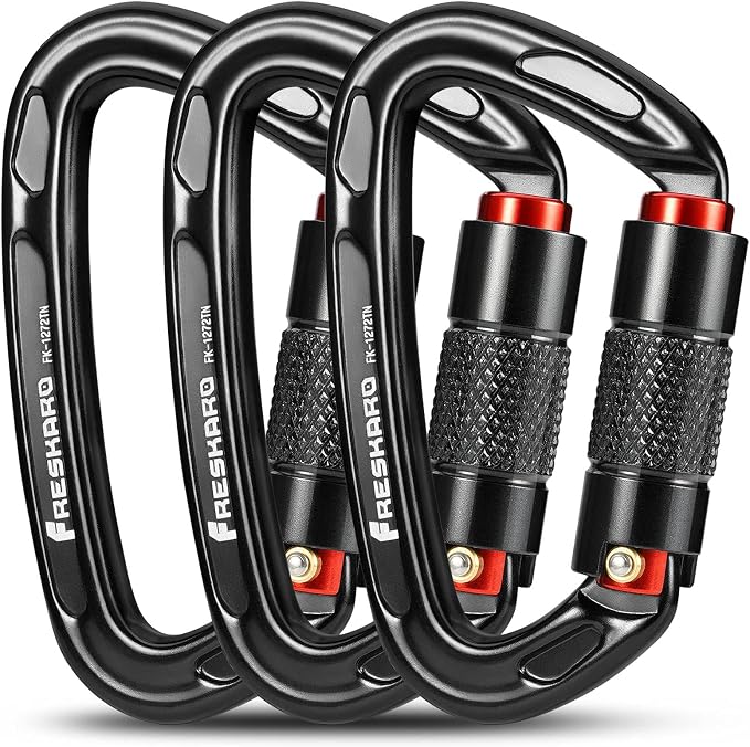 FresKaro 3pcs 25kN Climbing Carabiners with 2pcs 12kN Twist Lock Carabiners, Black Color
