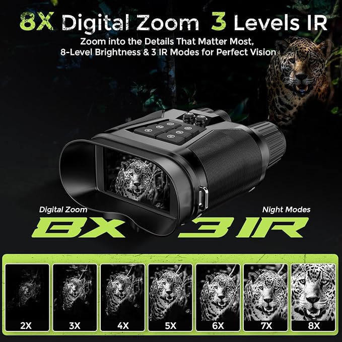 4K Night Vision Binoculars–8X Zoom, 40MP Photos, 5000mAh Battery, 13° FOV, 3” Display, 800M Range, 3 IR Levels, 128GB Storage – Gift Set with Compass & Pouch for Camping and Wildlife.