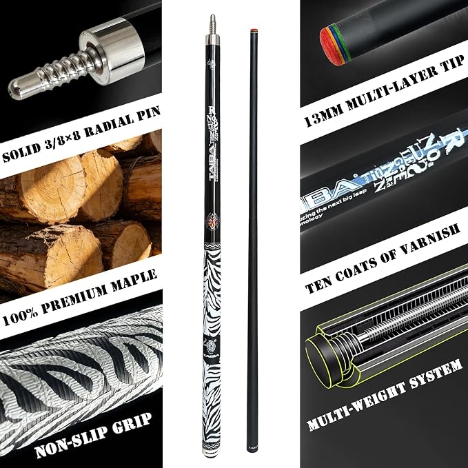 Tai ba cues 2-Piece Pool Stick Linen Wrap, 13mm Multilayer Leather Tip, 58", Hardwood Canadian Maple Professional Billiard Pool Cue Stick 18, 19, 20, 21 Oz (Selectable)