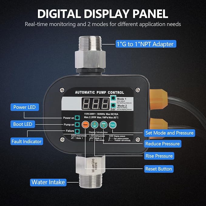WiseWater Smart Pump Controller,110V-240V,1" NPT Adapters,Digital Display | 2 adjustable pressure modes, automatic smart control, fits residential, garden & industrial water supply