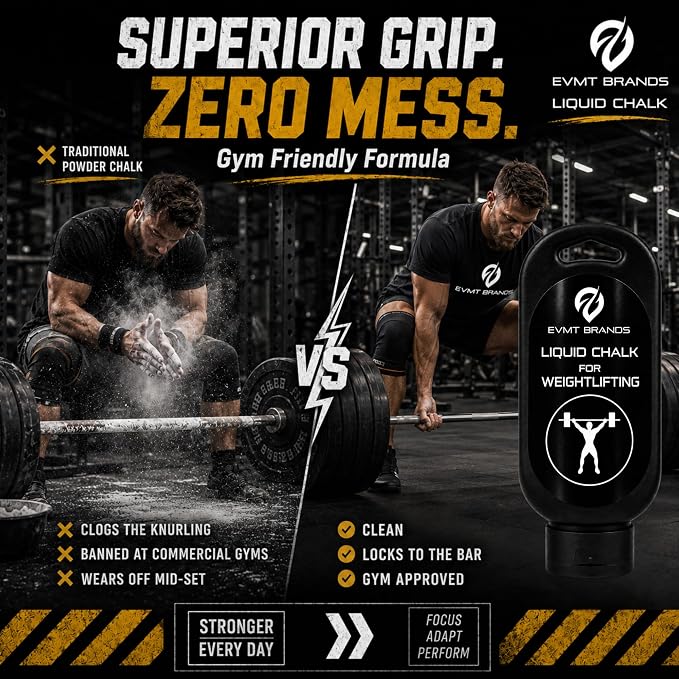 EVMT Brands Liquid Chalk, Mess Free Gym Chalk for Weightlifting, Gymnastics, Rock Climbing, Dancing. Sweat Resistant and Long Lasting for Stronger Grip.