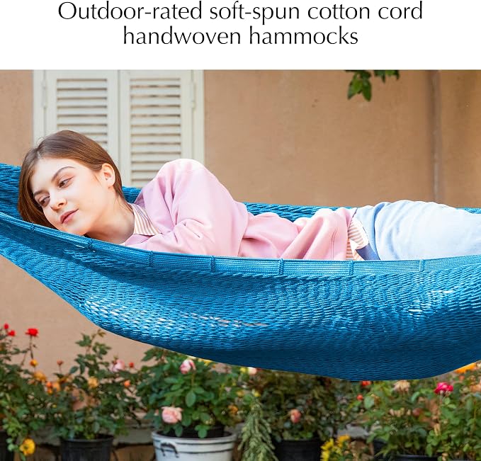 PNAEUT Handwoven Mayan Hammock, Thick Soft Rope Double Hammock for Outdoor Outside & Indoor, 600 lbs Capacity Heavy-Duty, Includes Tree Straps, Carabiners & Carrying Bag (Glacial Lake Blue, X-Large)