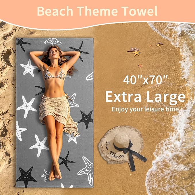 Belista Oversized Beach Towels 4 Pack,40”x70” Microfiber Thin Large Beach Towel Set for Adults Travel Camping Swimming,Turtle Starfish Them Sand Free Quick Dry Lightweight XL Pool Towels,Orange & Gray