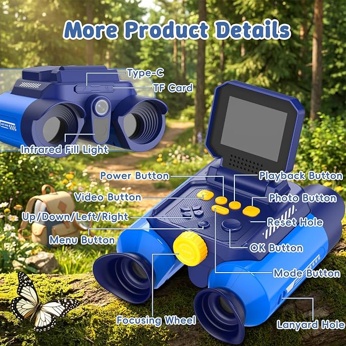 Kids Binoculars with Night Vision Camera, 10X Zoom Digital Adventures Telescope with 2.4" IPS Screen, Nature Explorer STEM Toys for Bird Watching Camping, Gifts for Boys Girls Age 4-12 - Azure