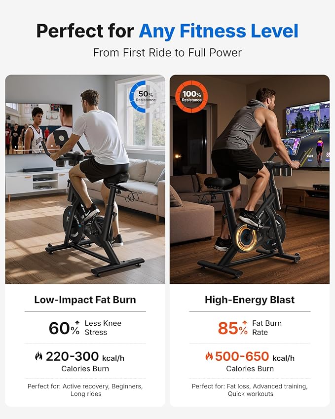 Merach Exercise Bike, Magnetic Friction Stationary Bike with Brake Pad and Exclusive App, Low Noise Indoor Cycling Bike with 300lbs Weight Capacity, Tablet Mount and Fitness Courses for Weight Loss