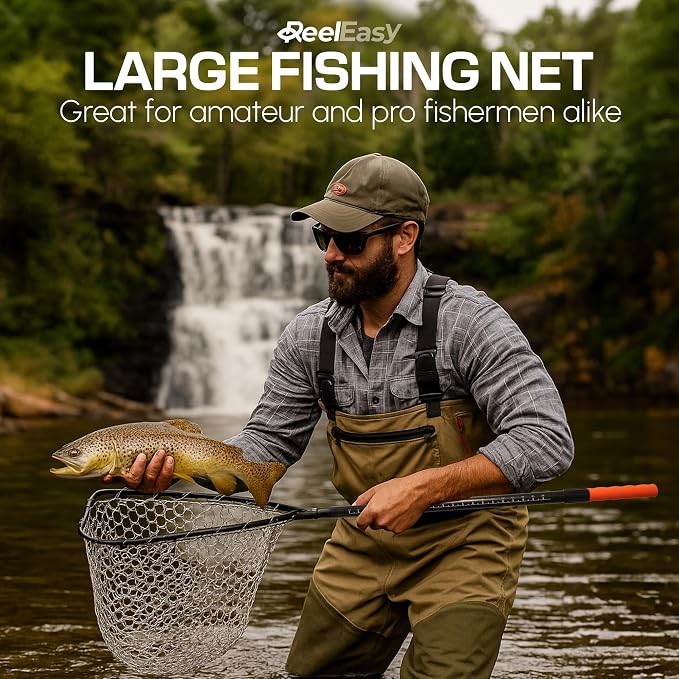 Large Fishing Net with Extendable Telescopic Handle – Foldable, Lightweight Landing Net with Built-in Size Measurement – for Freshwater, Saltwater, and Beach Fishing
