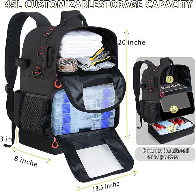 Fishing Tackle Backpack with Cooler,45L Large Tackle Bag with 2 Rod Holders & Clear Window,Outdoor Fishing Backpack for Fishing,Camping,Hiking,Black