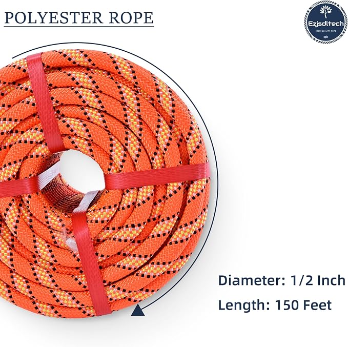 1/2 in x 150 ft Polyester Arborist Rigging Rope, Orange Braided Tree Climbing Rope 48 Strands for Farm Work and Swinging