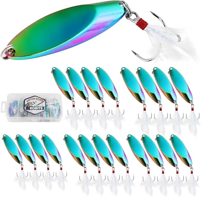 Jigging Spoon Fishing Lures 20/40PCS Kit – Metal Casting Spoon Lure Set with Treble Hooks, Mixed Sizes Spinner Baits for Saltwater & Freshwater Trout, Salmon, Bass