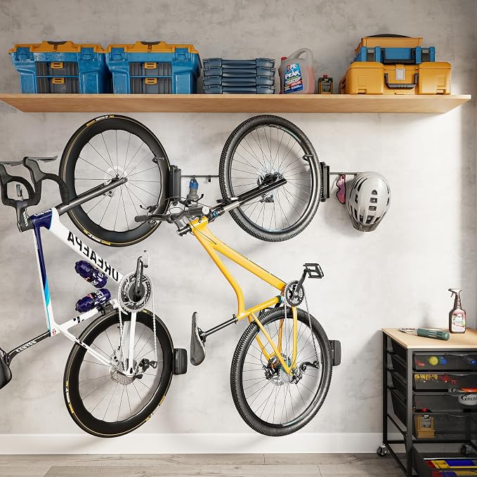 monTEK Swivel Bike Wall Mount, Bike Hangers for Garage, Bike Wall Mount with Two Extra Storage Hooks, Bike Hanger Wall Mount for Space Saving, Bike Rack Garage Holds Up to 77 lbs