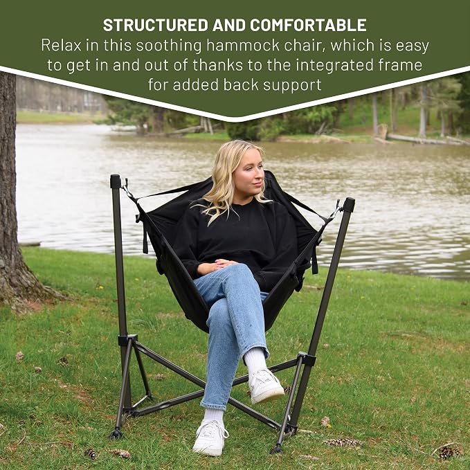 Timber Ridge Portable Hammock Camping Chair, Padded Folding Swing Hammock Chair with Stand, Heavy Duty Hammock Camp Chair with Carry Bag for Outdoor Beach Patio, Supports 300lbs, Black