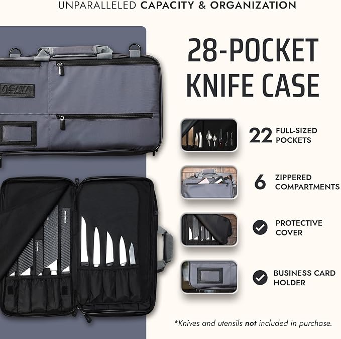 Asaya Chef Knife Bag - 28-Pocket Knives Carrying Case for Kitchen Tools and Utensils, Ballistic Nylon Chef Knife Roll Bag with Adjustable Shoulder Strap - Knives Not Included (Grey)