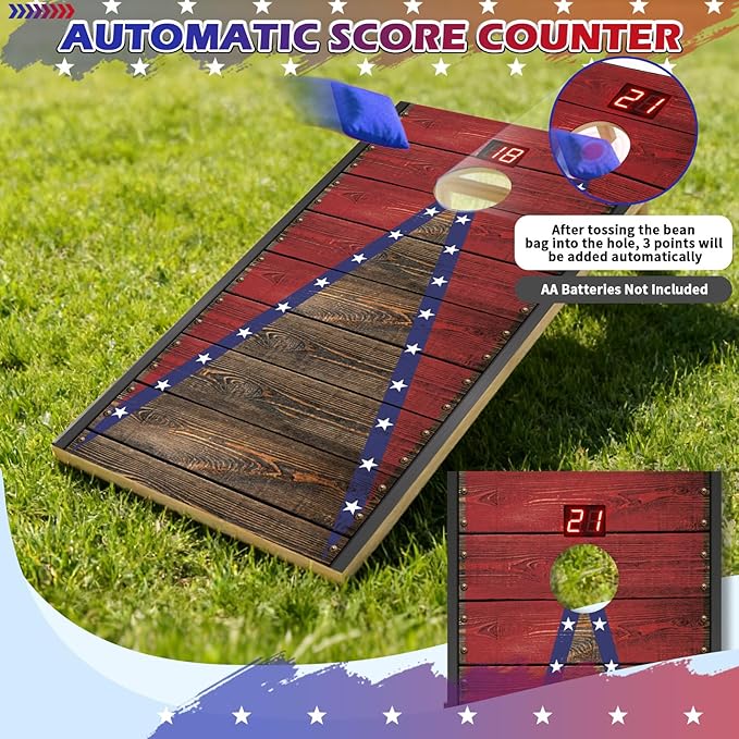 Electronic Cornhole Board Set 4x2ft 3x2ft 2x1ft, Automatic Scoring Corn Hole Games for Adults & Kids, Wooden Portable Cornhole Set with 8 Bean Bags & Carrying Bag for Outdoor, Tailgate, Party