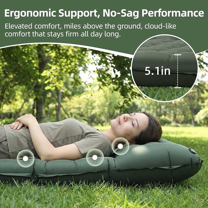 Camping Sleeping Pad, 5.1" Extra-Thick Camping Mattress with Pillow, Built-in Foot Pump Ultralight Inflatable Sleeping Pads for Camping Hiking Backpacking Traveling Tent, Military Green, 2 Person