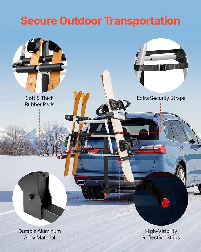 VEVOR Hitch Mounted Ski & Snowboard Rack, Fits 2-Inch Receiver, Carries up to 6 Pairs of Skis or 4 Snowboards, Hitch-Mounted Rack for Car with Key Lock, Security Strap, Tilt Access, Rubber Padding