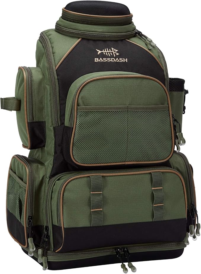 BASSDASH Fishing Tackle Backpack Water Resistant Tactical Bag Soft Tackle Box with Rod Holder and Protective Rain Cover