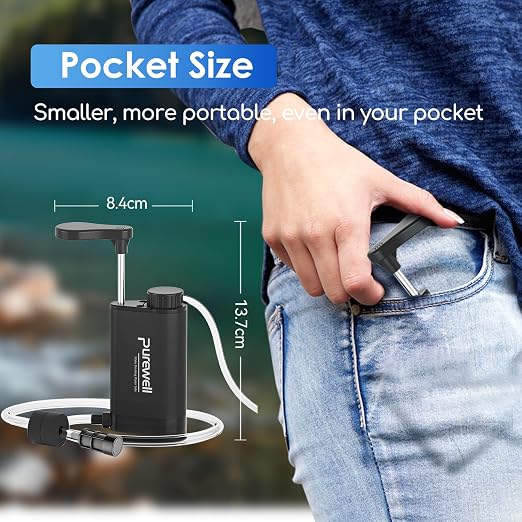Purewell Stainless Steel Water Filter Pump with Replaceable Carbon 0.01 Micron Water Filter, 3 Filter Stages, Portable Outdoor Emergency and Survival Gear - Camping, Hiking, Backpacking(Black)