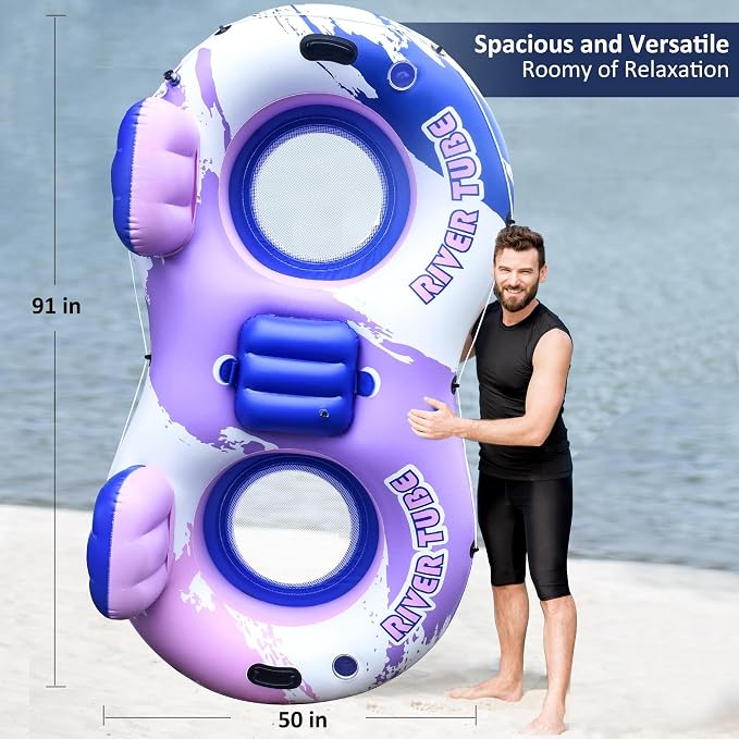 Heavy Duty 2 Person Floats for Adults, 91" X 50" Inflatable River Tube, Adult Floats for Lake, Swimming Tubes with Backrests, 2 Cup Holders, Storage Compartment