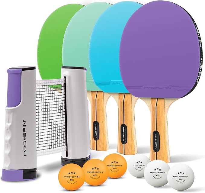 PRO-SPIN Portable Ping Pong Set with Retractable Ping Pong Net for Any Table, All-in-One Table Tennis Set with Ping Pong Paddles, Balls & Case, Table Top Family Game