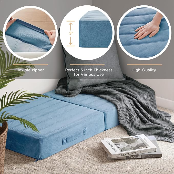 Codi Floor Cushions for Adults, Large Meditation Pillows with Thick Foam and Soft Tufted Covers, Washable Square Seating for Couch and Yoga Sitting, 22×22×5 Inch Blue