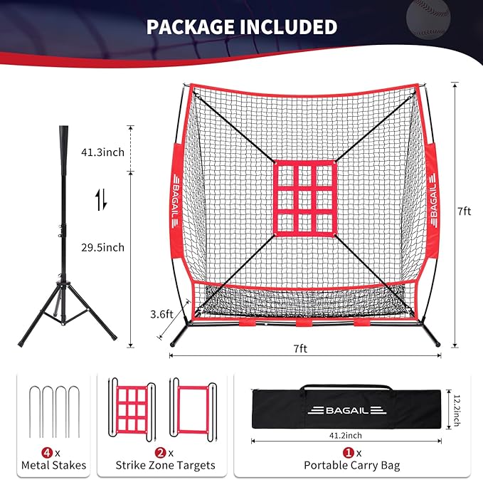 BAGAIL 7x7 ft Extra Large Baseball & Softball Training Net with Batting Tee, Heavy Duty Reinforced Steel Frame, Oversized Hitting Zone for All Levels, Portable Backstop with Carry Bag